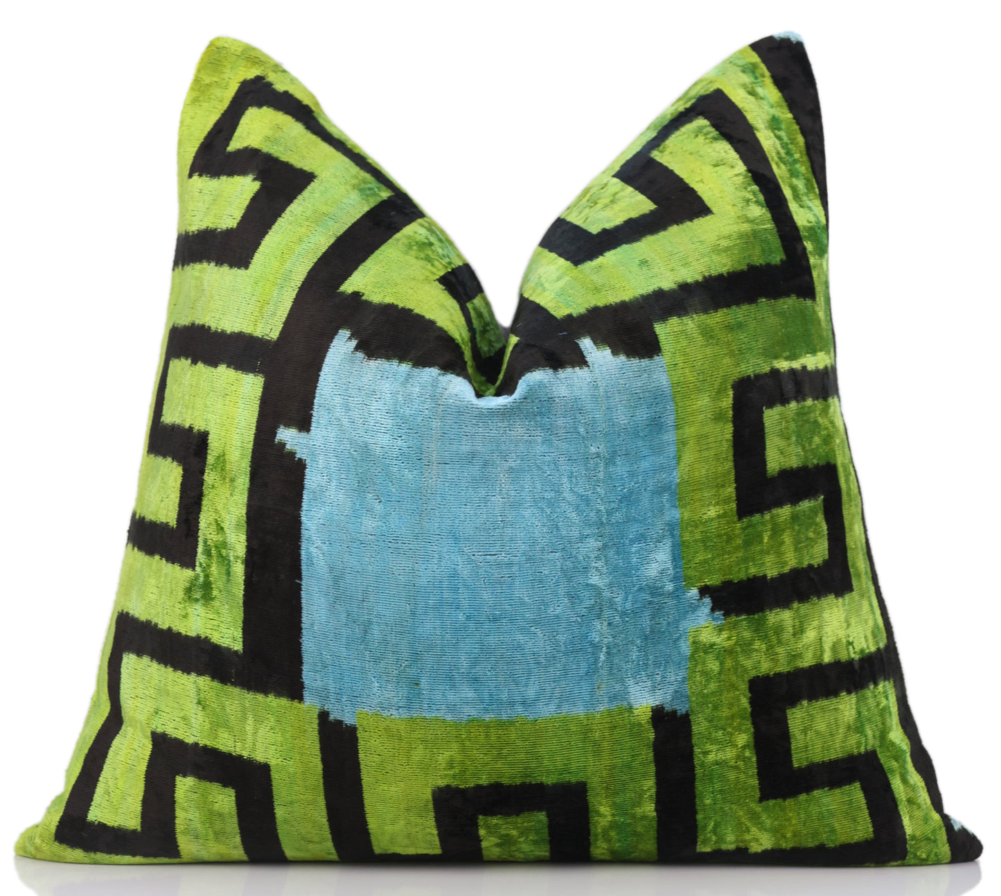 Greek Key Velvet Pillow in Green & Blue – Handmade 24x24 Inch Square