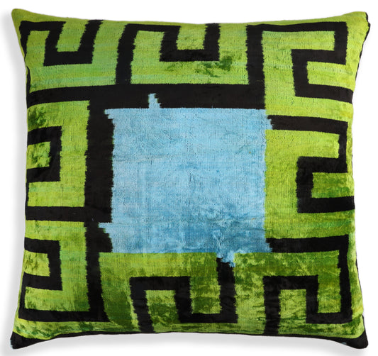 Greek Key Velvet Pillow in Green & Blue – Handmade 24x24 Inch Square