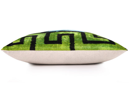 Greek Key Velvet Pillow in Green & Blue – Handmade 24x24 Inch Square