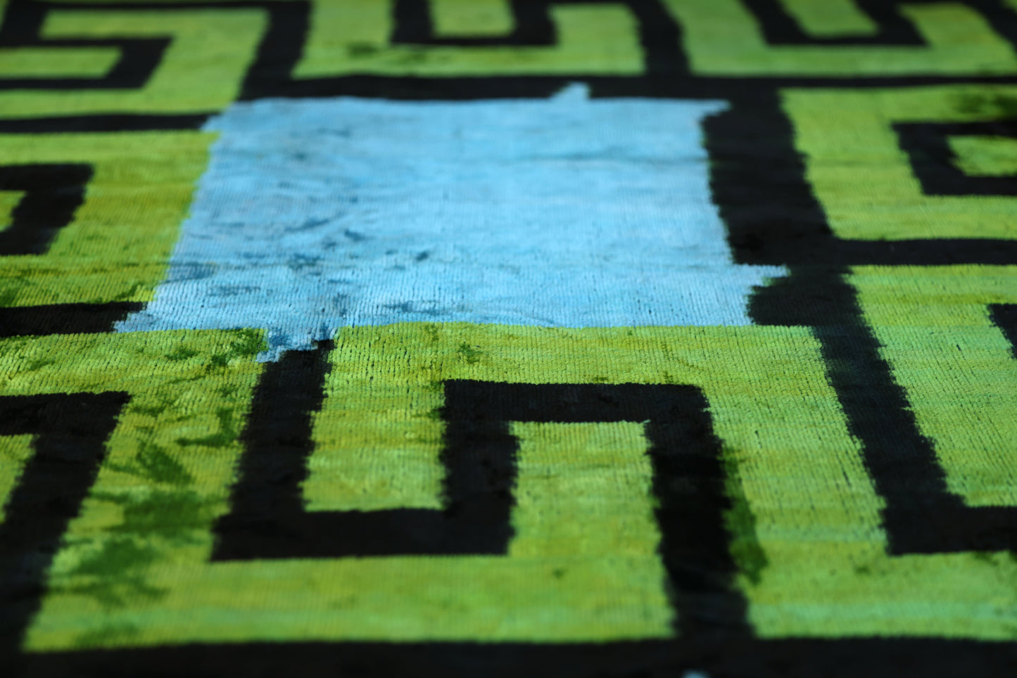 Greek Key Velvet Pillow in Green & Blue – Handmade 24x24 Inch Square